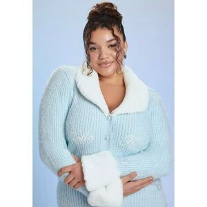 Hello Kitty Blue Ribbed Knit Cardigan With Faux Fur Collar & Cuffs Plus Size